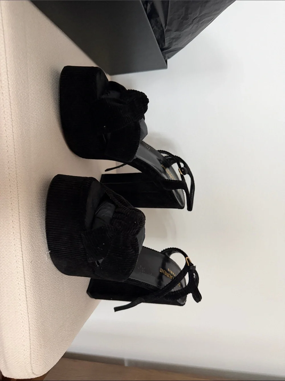 Saint Laurent Black Velvet Platform Block Heel Sandals - Picture 4 of 7